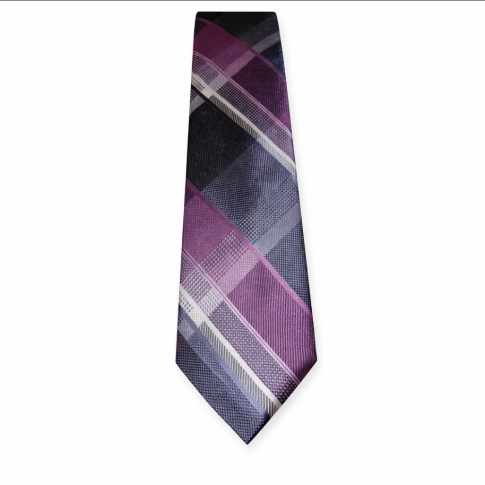 Michael Kors Silk Tie Purple Gray Black Plaid Diagonal Designer Necktie